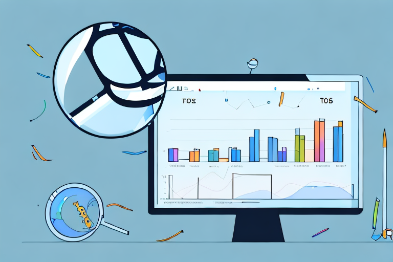 A magnifying glass hovering over a computer screen showing a bar graph