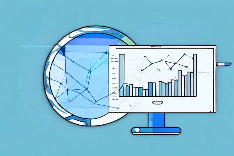 A magnifying glass hovering over a computer screen displaying graphs and charts