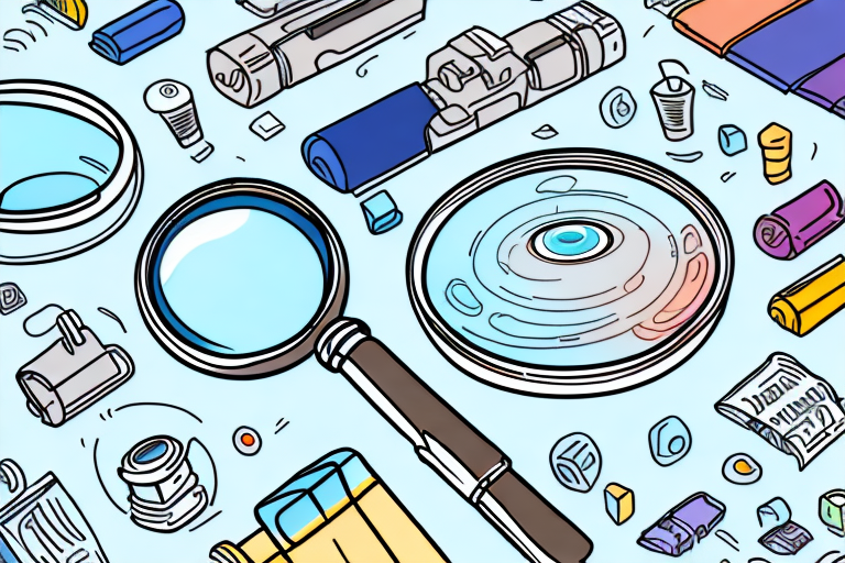 A magnifying glass hovering over a variety of diverse products symbolizing the process of product research on amazon fba