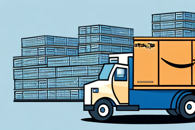 A box being loaded onto a delivery truck with an amazon warehouse in the background