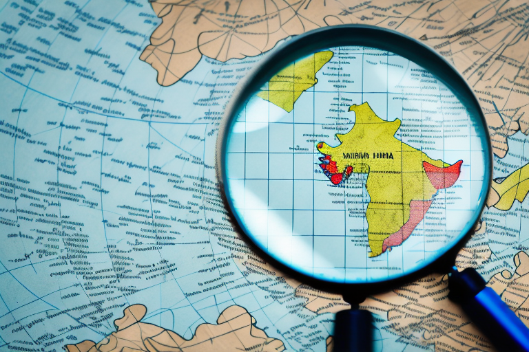 A magnifying glass hovering over a stylized map of india