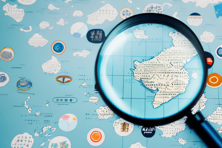 A magnifying glass hovering over a map of japan with various amazon product icons scattered around