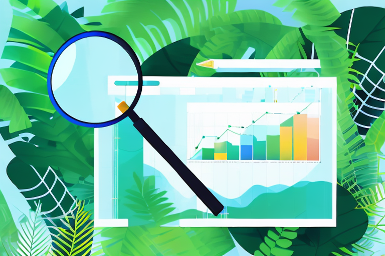 A magnifying glass focusing on a bar chart and pie chart