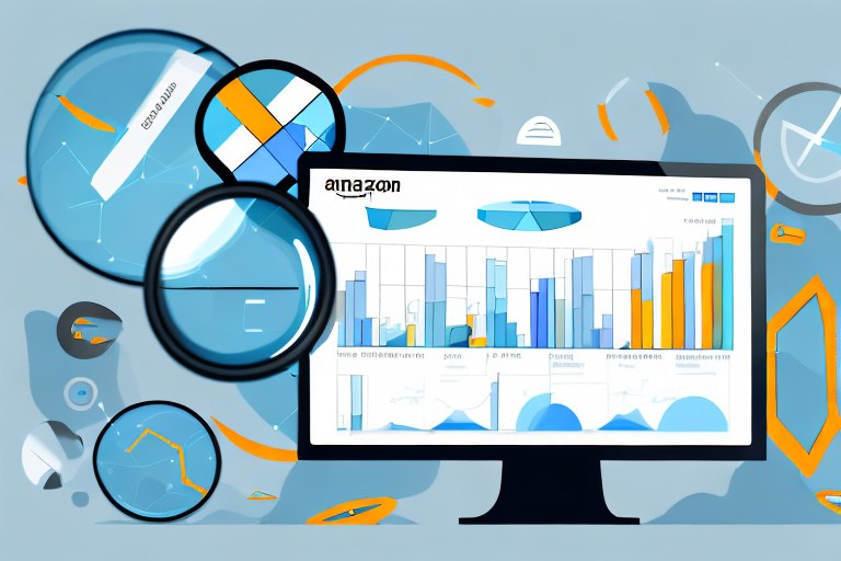 A magnifying glass hovering over a computer screen displaying various amazon products