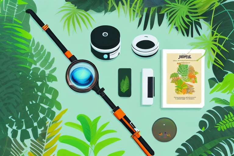 A lush jungle with various amazon products like books