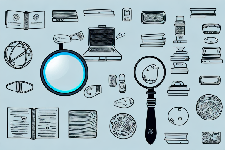 A magnifying glass hovering over a variety of different products like electronics