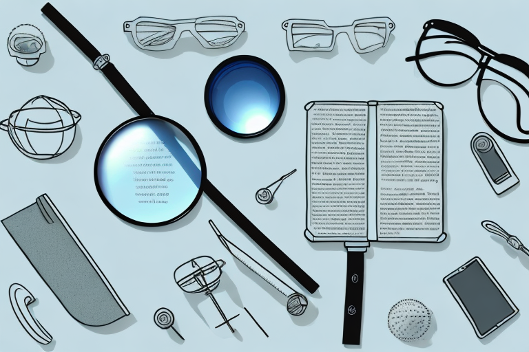 A magnifying glass hovering over a variety of different products like a book