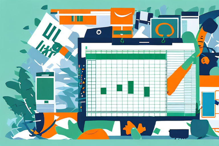 An excel spreadsheet floating above a jungle of amazon products