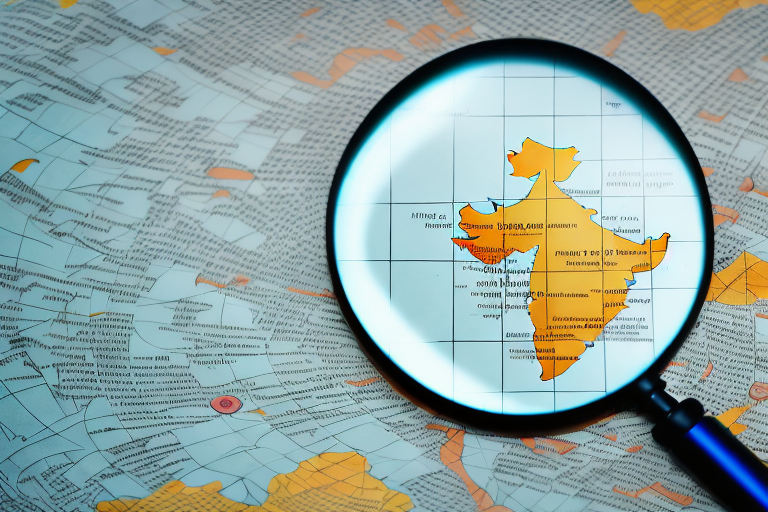 A magnifying glass hovering over a stylized map of india