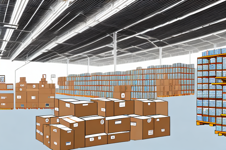 A warehouse with neatly arranged shelves filled with boxes