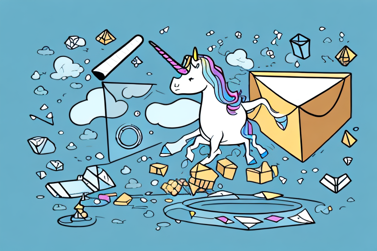 A unicorn smashing a giant amazon box with a magnifying glass nearby