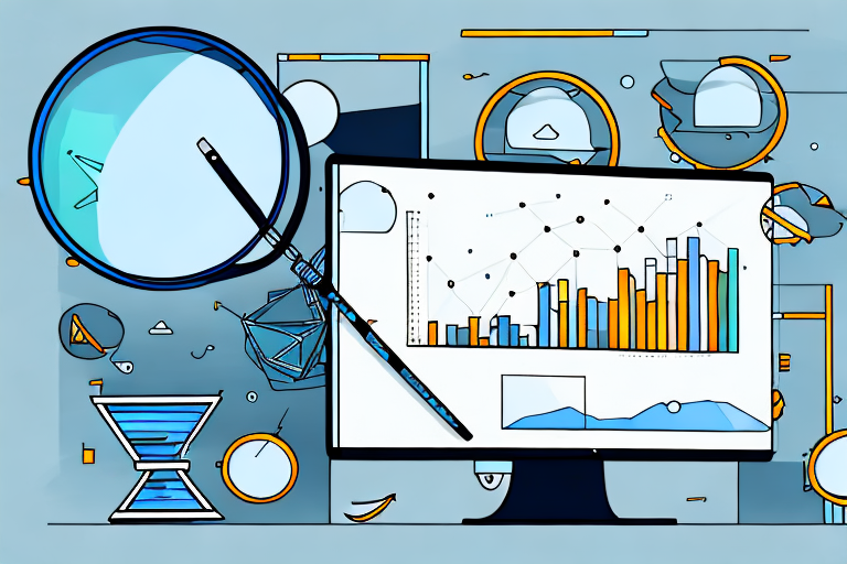 A magnifying glass hovering over a computer screen displaying a bar graph and various amazon products