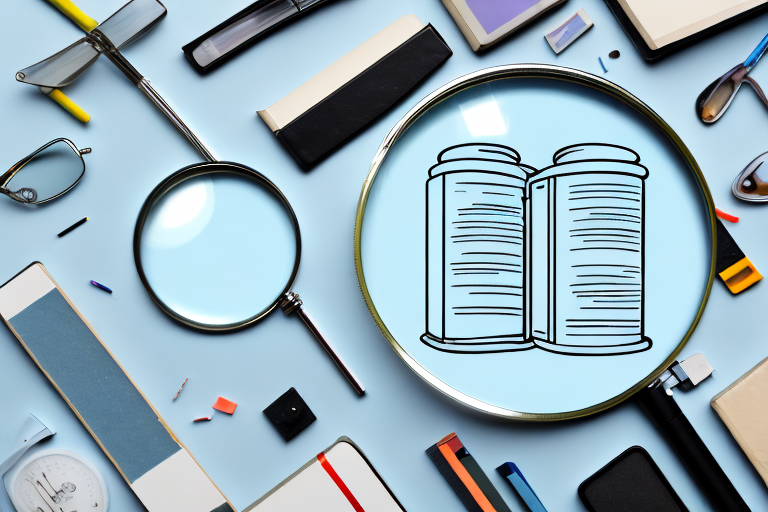 A magnifying glass hovering over a variety of different products such as books