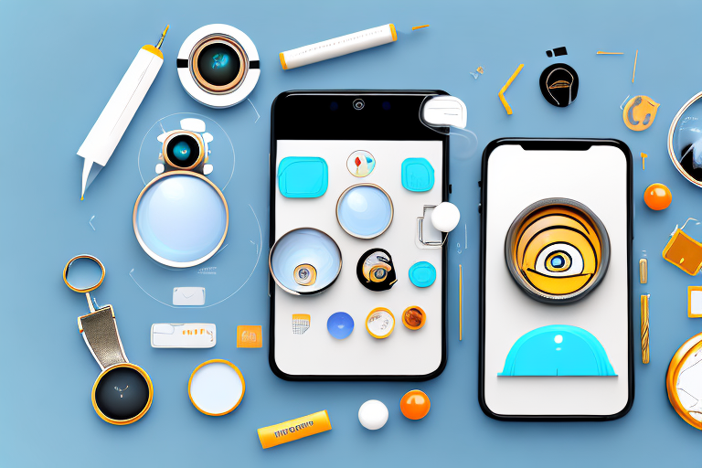 A magnifying glass hovering over a stylized smartphone screen displaying various products