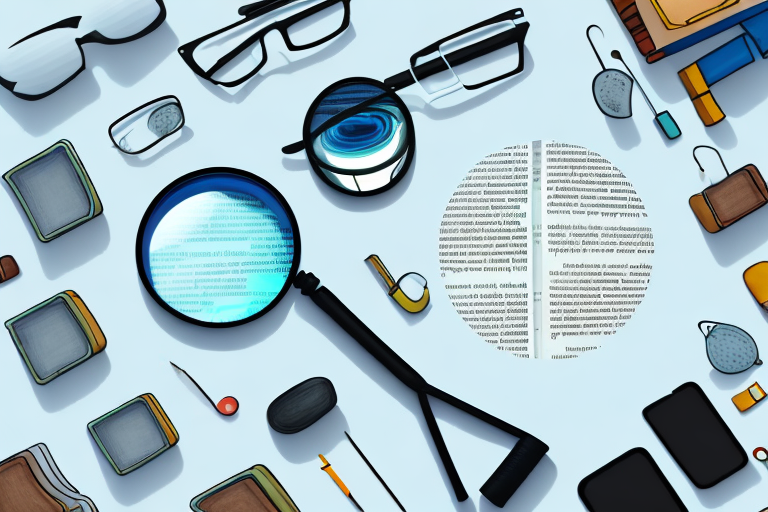 A magnifying glass hovering over a variety of different products like books