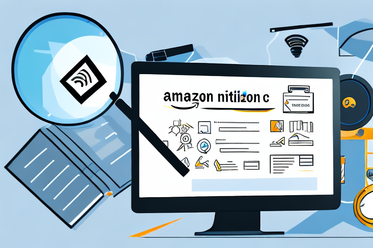 A magnifying glass hovering over a computer screen displaying an amazon webpage