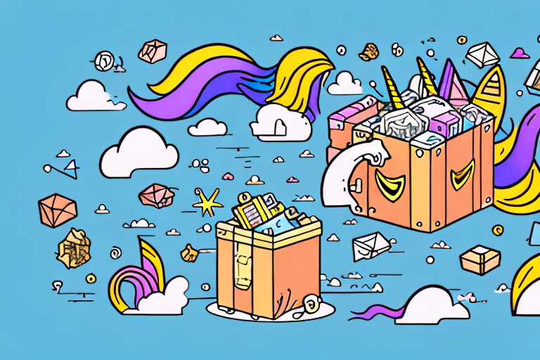 A dynamic unicorn smashing open a treasure chest filled with amazon packages