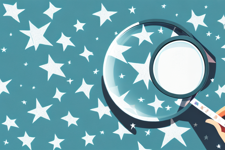 A magnifying glass hovering over a product box with stars (representing reviews) impacting its weight on a scale