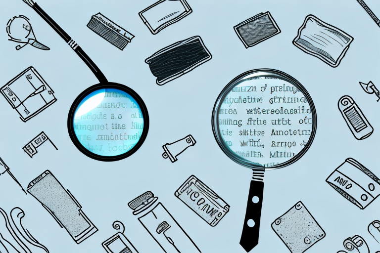 A magnifying glass hovering over a variety of different products such as books