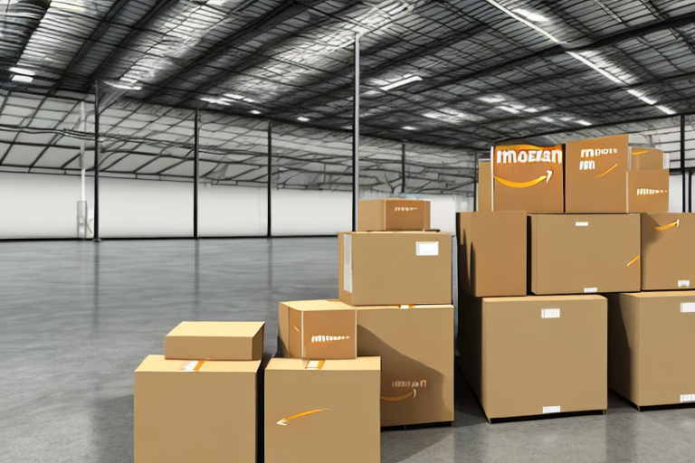 A warehouse with boxes being loaded onto a truck labeled with the amazon arrow symbol