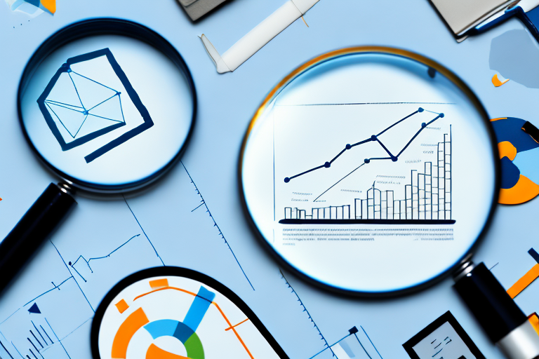 A magnifying glass hovering over a stylized amazon product (like a box or a package) surrounded by various research elements like charts