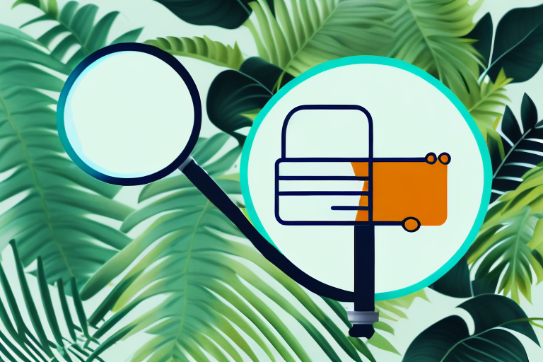 A magnifying glass hovering over a stylized amazon-inspired jungle