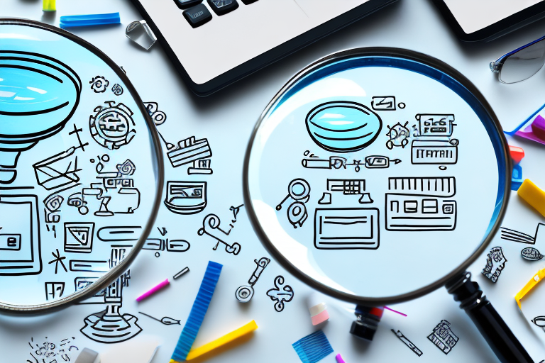 A magnifying glass hovering over a computer screen displaying a variety of products