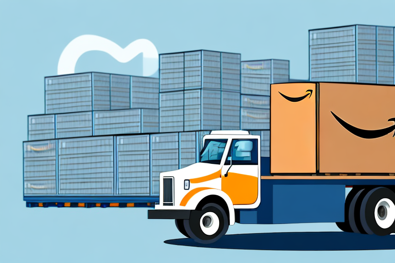 A large box being loaded onto a delivery truck with an amazon fba warehouse in the background