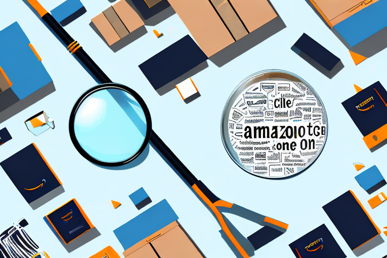 A magnifying glass hovering over a collection of amazon product boxes