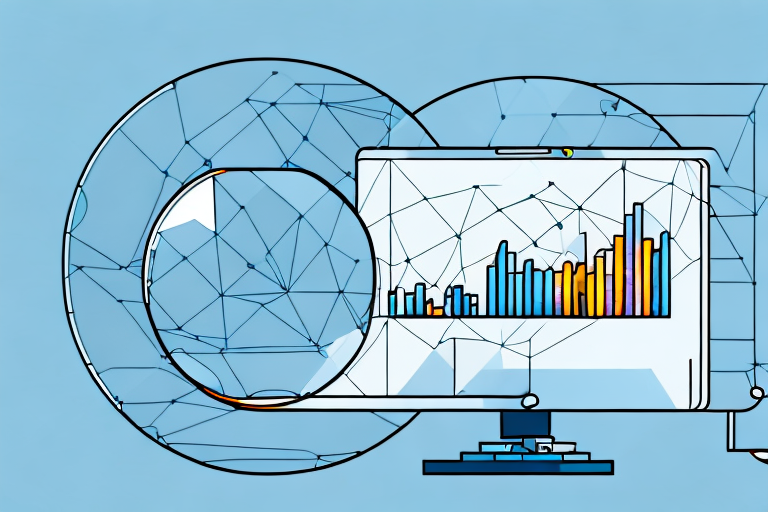 A magnifying glass hovering over a computer screen displaying bar graphs and charts