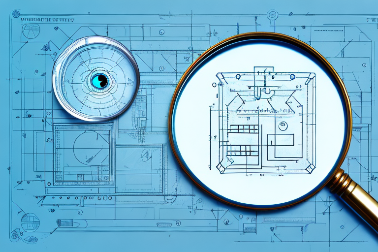 A magnifying glass hovering over a blueprint with amazon-themed products like boxes