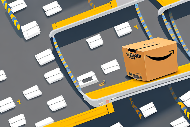 An amazon box on a conveyor belt in a warehouse