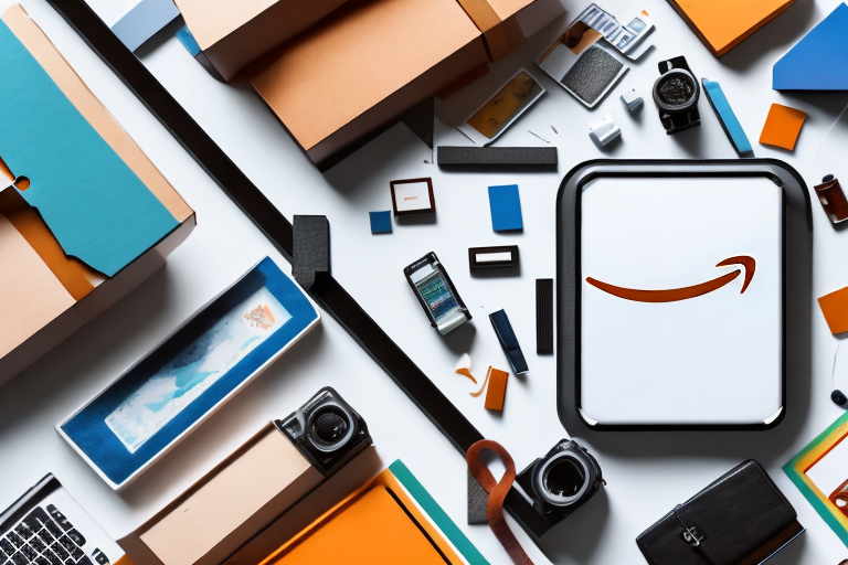 A variety of products arranged neatly on a conveyor belt leading into an amazon fba box