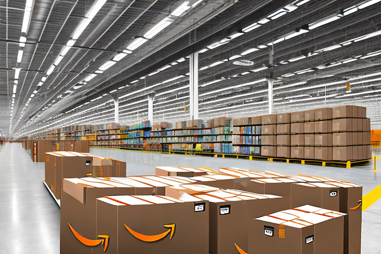 An amazon warehouse with rows of packages on shelves