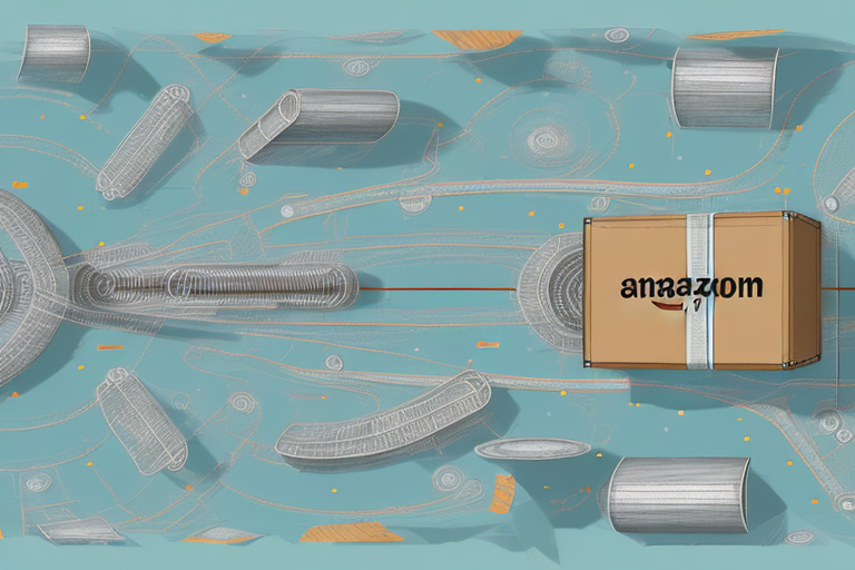 A conveyor belt with various sized packages moving towards a stylized representation of the amazon warehouse