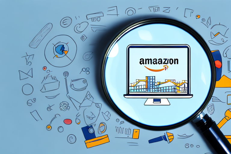 A magnifying glass focusing on a computer screen displaying an amazon fba product listing