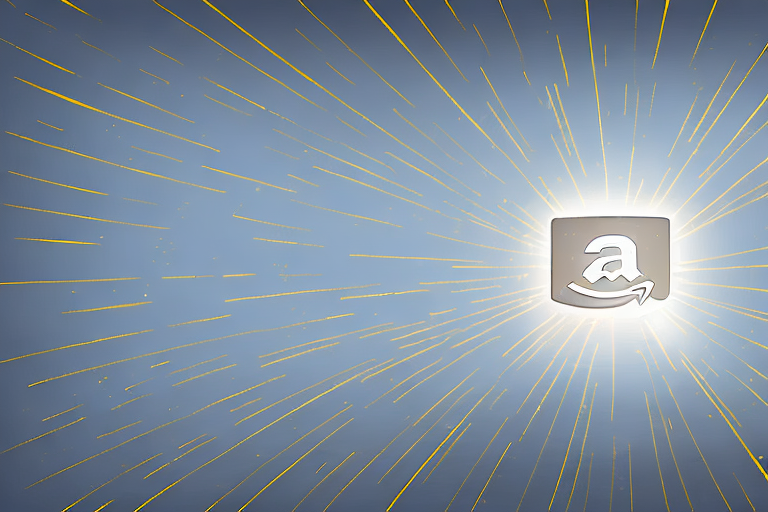 A bright spotlight shining on a newly packaged product placed on a stylized amazon warehouse shelf