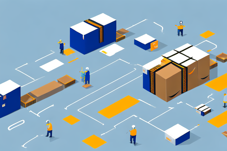 A conveyor belt with various sized boxes moving towards a stylized amazon warehouse