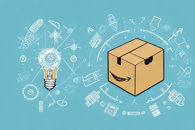 An amazon product box with various improvement symbols like a light bulb