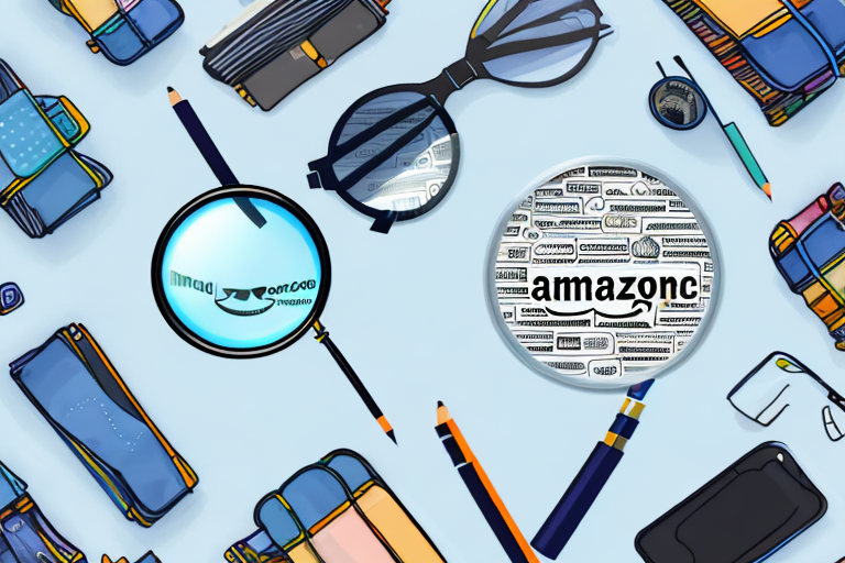 A magnifying glass hovering over a variety of different amazon products like books