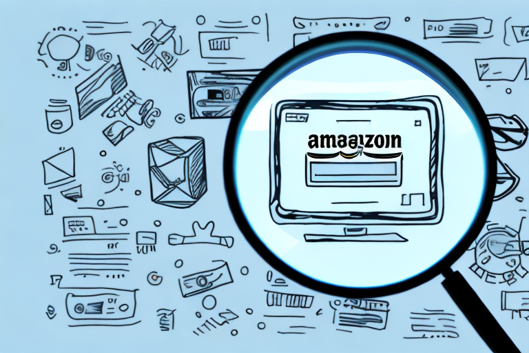 A magnifying glass hovering over a computer screen displaying various amazon products