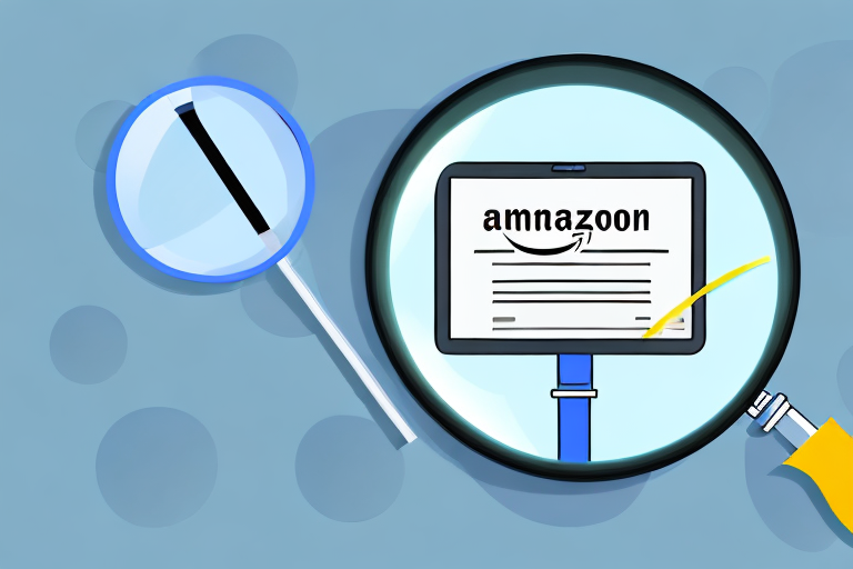 A magnifying glass hovering over a computer screen displaying an amazon product listing