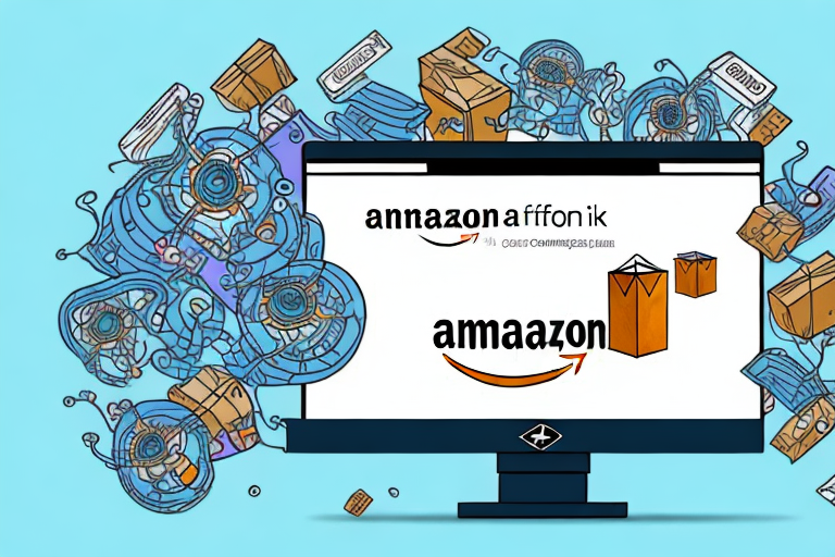 A computer screen displaying an amazon product listing page being attacked by symbolic parasites representing seo tactics