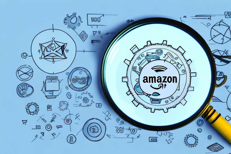 A magnifying glass hovering over a computer screen displaying an amazon merchandise listing