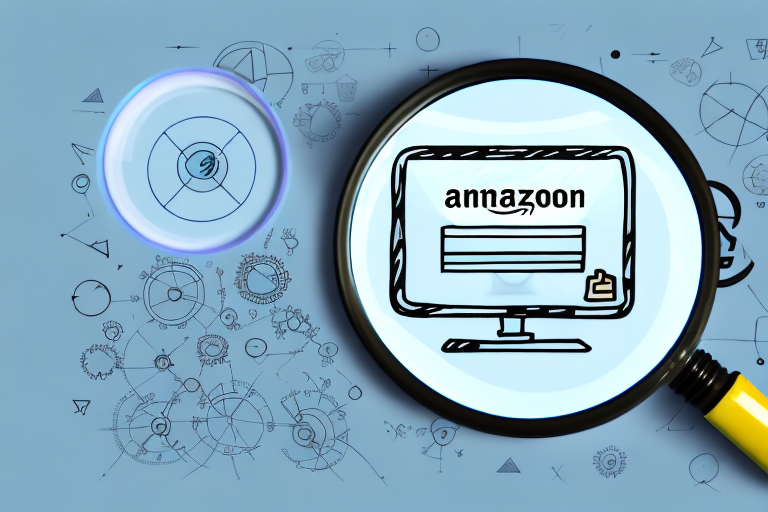 A magnifying glass hovering over a computer screen displaying an amazon product listing