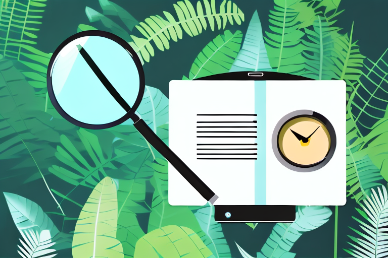 A magnifying glass hovering over a stack of books with an amazon jungle backdrop