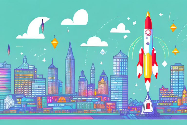 A vibrant cityscape of aberdeen with symbolic elements like a rocket soaring high in the sky to represent sales boost