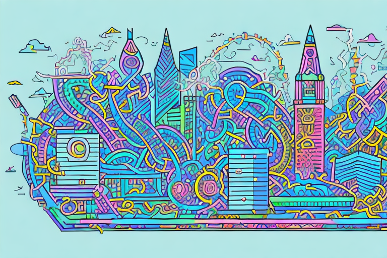 A vibrant cityscape of cardiff with abstract symbols of growth and prosperity