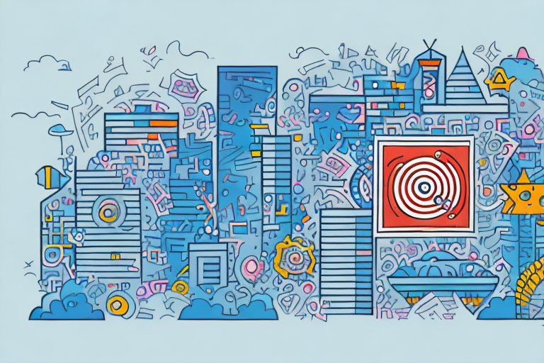 A vibrant bristol cityscape with abstract symbols of marketing strategies like megaphone