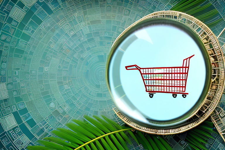 A magnifying glass hovering over a diverse array of symbolic icons representing different aspects of marketing such as a shopping cart